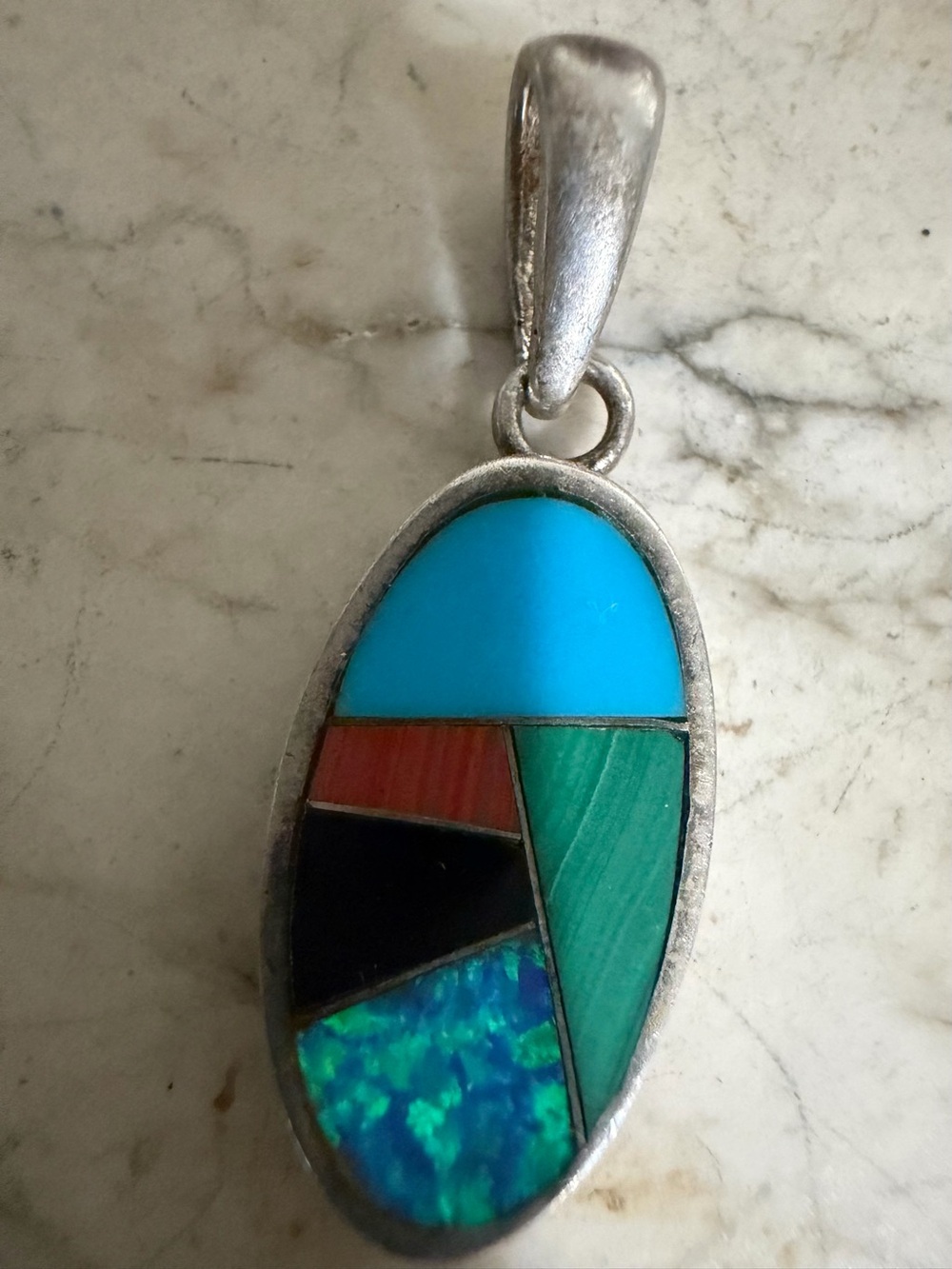 Sterling AK Turquoise & Multi-Stone Inlay Oval Pendant - Women Jewelry